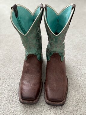 Ariat Brown and Turquoise Leather Western Heeled Boots with Teal Shaft